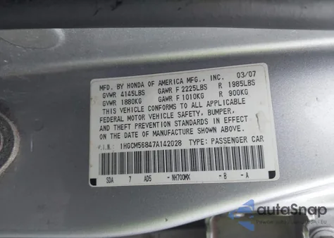 2007 Honda Accord 2.4 Ex из США, поврежденный, VIN 1HGCM56847A142028